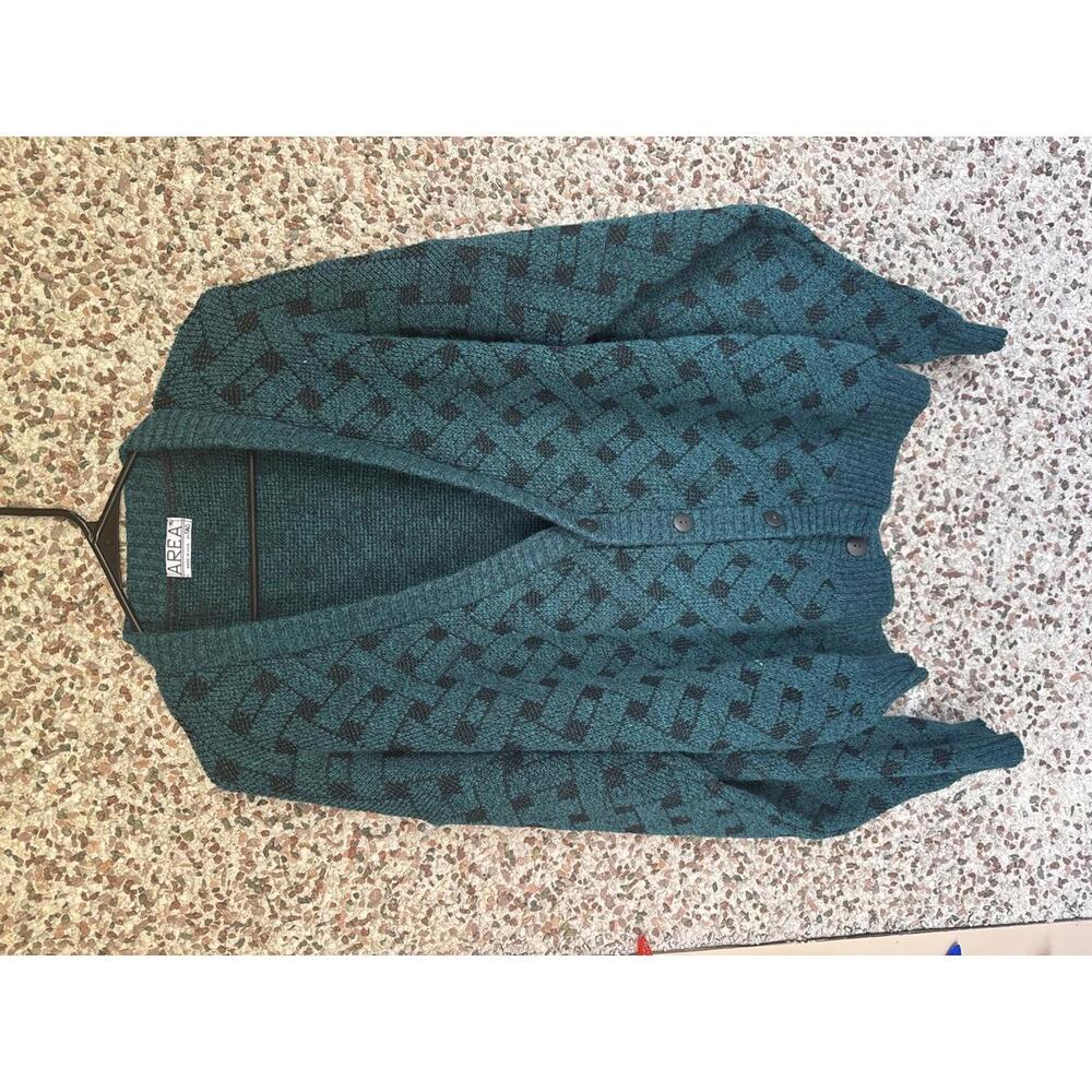 Vintage AREA by TAG Cardigan Sweater XL Geometric Knit Made in USA Teal Black